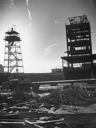View of Control Towers of Airport under Construction Stretched Canvas Print