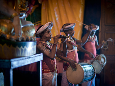 Musicians at Gangaramaya Buddhist Temple, Site of Annual Navam Perahera Festival, Colombo, Sri Lank Stretched Canvas Print