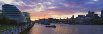 City Hall with Office Buildings at Sunset, Thames River, London, England Stretched Canvas Print