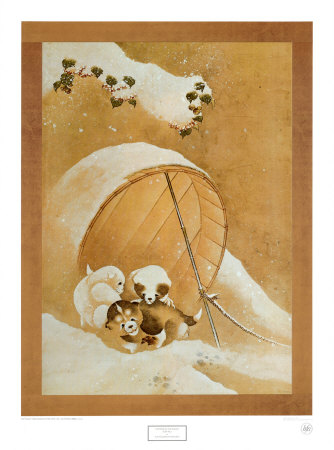Puppies in the Snow Print by Katsushika Hokusai at Art.com