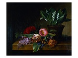 Painting of a Lily of the Valley  Tulips  Primula and Other Flowers on a Ledge by Hanne Hellesen