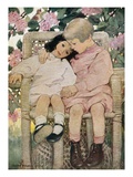 Book Illustration of Two Children Sitting Together in a Wicker Chair by Jessie Willcox Smith