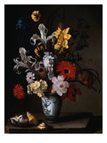 Irises  a Carnation  and other Flowers in a Blue and White Vase with Seashells on a Stone Ledge