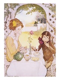 Illustration of a Girl and a Monkey Having Tea by Jessie Willcox Smith