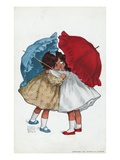Postcard of Two Little Girls Kissing under Umbrellas