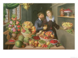 Man and Woman Before a Table Laid with Fruits and Vegetables