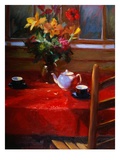 Flowers and Teapot on Red
