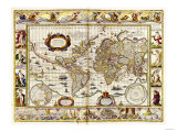 Hand Colored Engraved World Map  1649