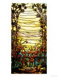 A Leaded Glass Landscape Window Depicting View of Red Flowers and a Stream