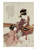 A Young Woman Seated at a Desk Writing  a Girl with a Book Looks On
