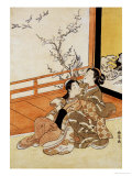 Two Women Seated by a Verandah  One Pointing at Geese in Flight Beyond a Flowering Plum Tree