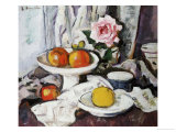 Apples in a White Fruitbowl and a Pink Rose in a Vase
