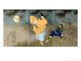 A Triptych of Fujiwara No Yasumasa Playing the Flute by Moonlight