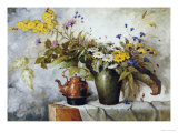 Cornflowers  Daisies and Other Flowers in a Vase by a Kettle on a Ledge