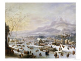 An Extensive River Landscape  with Numerous Figures Skating Outside a Town
