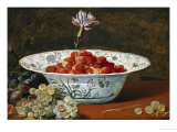 Strawberries with a Carnation in a Chinese Wanli Bowl and Grapes on a Ledge