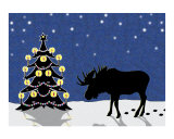 Christmas Moose in the Snow with Candlelit Tree