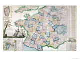 Road Map of France Following the New Divisions into 83 Departments