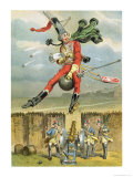 Baron Munchausen Flying over the Enemy Lines on a Cannon Ball