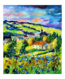 Landscape summer blue poppies village Belgium