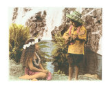 Hawaiian boy and girl at waterfall