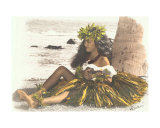 Hawaiian Girl Leaning On Palm Tree  Playing Ukulele