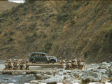 Porters Transport a Car on Long Poles across a Stream