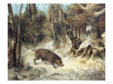 Wild Boar in the Snow  Signed as Courbet