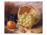 An Upturned Basket of Grapes  an Apple and Other Fruit