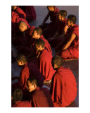 Tibetan Buddhist monks in red robes  listening teachings in Dalai Lama temple Dharamsala  India