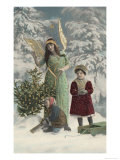 Helpful Angel Accompanies Two Children into the Woods to Help Them Choose Their Tree