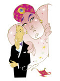 A Man in a Tuxedo Thinking as a Genie is Coming out of a Bottle