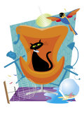 A Black Cat Sits in a Chair as a Scared Parrot Flies Around the Room Making a Mess