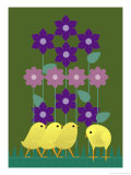 Four Baby Chicks Walking Through Some Flowers