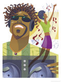 An Abstract of a African-American Male Hip-Hop DJ Holding a Turntable with Musical Notes