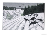 Crows Search for Food in the Snow in Fields on the Outskirts of a German Village