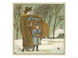Mother and Her Child Walking Through the Wintry Snow Pause to Look at a Robin