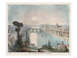 The Horizontal Moon Over a City River and Bridge
