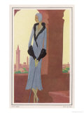 Lucien Lelong Grey-Blue Coat with Geometric Panels Flaring Hem and Deep Cuffs