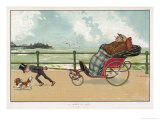 Very Small Boy Pulls a Very Large Relative Along the Esplanade of a Seaside Resort