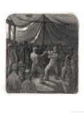 Two Fighters Slug It out in the Gloomy Interior of a Tent Watched by a Small Crowd of Londoners