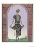 Tunic Dress by Worth in an Ornate Monochrome Print with Red Detailing Plain Central Panel