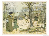Mother and Daughter out for a Wintry Walk Pass the Woodcutters at Work Felling Trees
