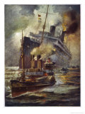Torpedoed Passenger Steamship is Assisted into Port by Tugs