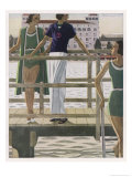 Women on a Jetty Wear Green Bathing Costumes with Black and White Trim