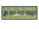 Goose Girl Wearing Clogs and Six Geese Led by a Dog in an Autumn Landscape