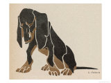 Painting in Black and Brown Colours of a Sitting Dachshund Gazing
