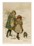 Two Girls and Their Dog Gather Mistletoe in the Snow