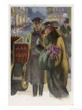 An Elegant Viennese Lady Enters Her Chauffeur-Driven Car at Night Clutching a Bunch of Roses