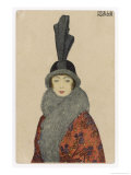Woman Wears a Coat or Mantle in a Bold Oriental Print with a Deep Fur Border